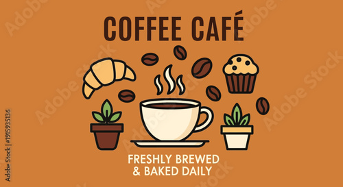 Coffee Cafe banner showcasing freshly brewed coffee, baked goods, and decorative plants, with clear text indicating daily offerings