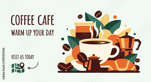 Warm and inviting coffee cafe banner illustration with steaming hot beverages, fresh beans, and pastry, perfect for a cozy break or a delightful morning boost