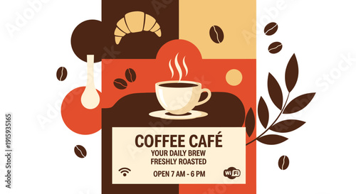 Warm and inviting flat design illustration advertising a coffee café, featuring a freshly brewed cup, aromatic beans, and a delicious pastry for a perfect daily morning experience