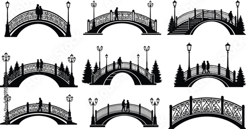 Romantic bridge silhouette collection featuring couples, street lamps, park scenery, and decorative railings in elegant urban landscape design
