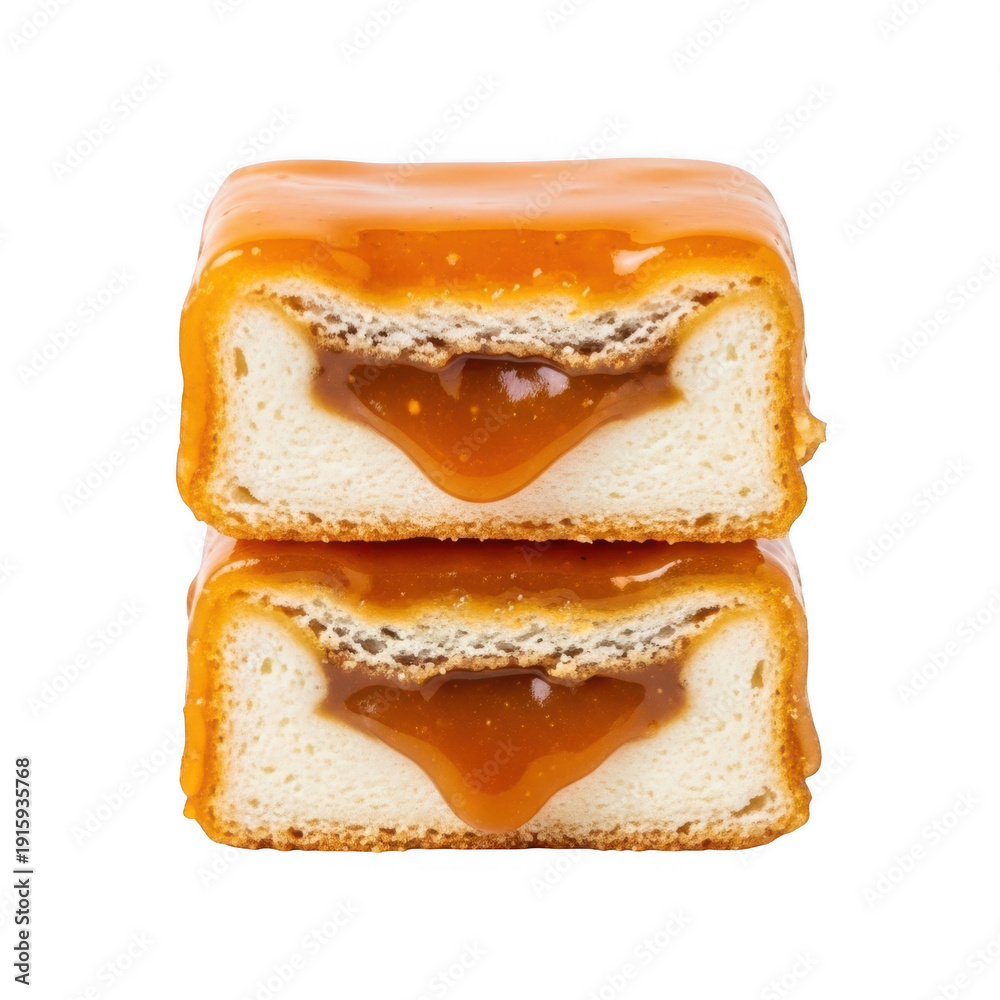 Fototapeta premium Two stacked caramelfilled sponge cakes with orange glaze, closeup studio shot isolated on transparent background