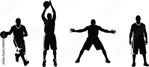 Set of basketball player silhouettes in action poses including dribbling, shooting, defense and standing, sports illustration