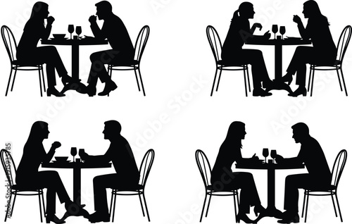 Set of Couple Silhouettes Having Romantic Dinner Conversation at Cafe Table with Wine Glasses Isolated on White