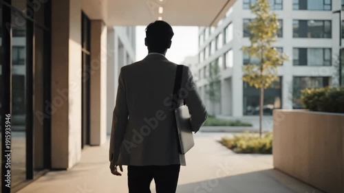 Young professional man walking with laptop through modern urban architecture
