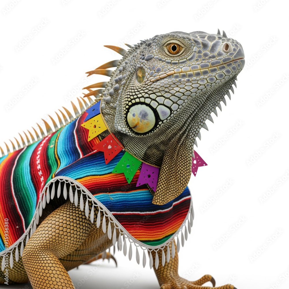 Fototapeta premium Close up Iguana in Colorful Striped Poncho on White Background