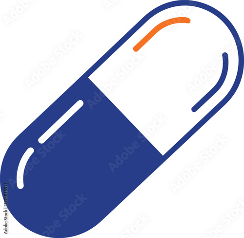Blue and white capsule pill with orange line on transparent background