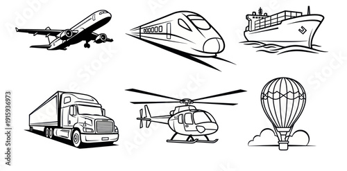Black and white line art set of transportation vehicles including airplane, train, cargo ship, truck, helicopter, and hot air balloon for travel and logistics designs