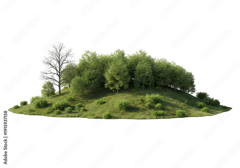 Fototapeta premium A small hill with trees and green grass isolated on transparent background
