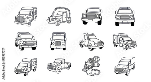 Set of 12 black and white line art sketches of pickup trucks and utility vehicles with one industrial machine; perfect for automotive and construction designs