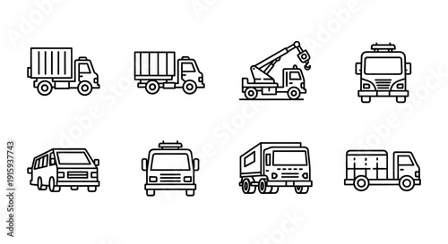 Set of black line art icons featuring various trucks including cargo, crane, firetruck, van, and flatbed truck, ideal for transport and logistics designs