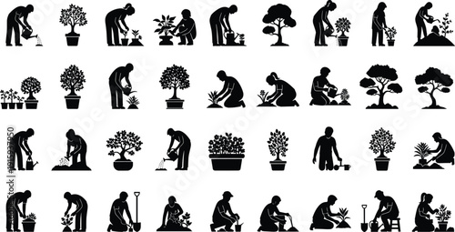 Set of gardening and plant care silhouettes showing people watering, planting and nurturing flowers, trees and potted plants