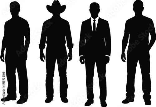 Set of Male Silhouettes in Different Outfits Including Casual Cowboy and Business Suit Isolated on White Background