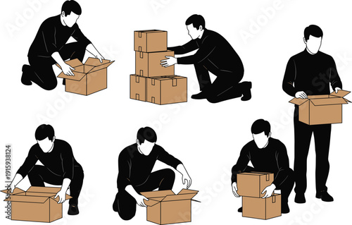 Set of men packing cardboard boxes in different poses isolated on white background logistics concept illustration