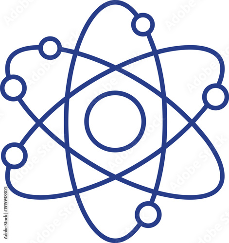 Abstract atomic model with orbiting electrons depicted as circles representing science research and energy illustrated in a simple clean line art style isolated on transparent background