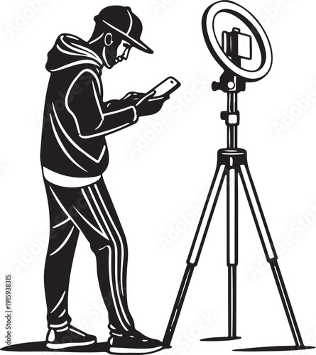 Content Creator Influencer Silhouette with Smartphone and Camera Setup Modern Minimal Black Vector Isolated Social Media Trend Design