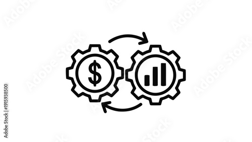 Vector illustration of financial exchange process with two gears, one with a dollar sign and one with a bar chart, symbolizing business growth and monetary transaction flow on a transparent background