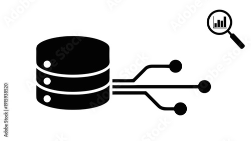 Vector illustration of database icon with data flow and analytics magnifying glass symbol on a transparent background