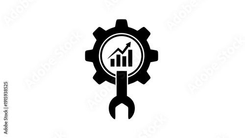 Vector illustration of black gear with bar chart and wrench icon for business growth and technical support concept on a transparent background