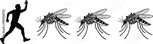 Silhouette man running away from mosquitoes isolated on white background fear danger disease awareness concept illustration