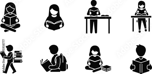 Eight black icons of people of different ages reading books in various poses open book