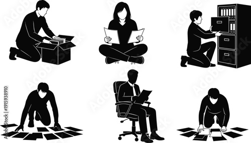 Silhouette office workers organizing documents and files in different poses isolated on white background business concept illustration