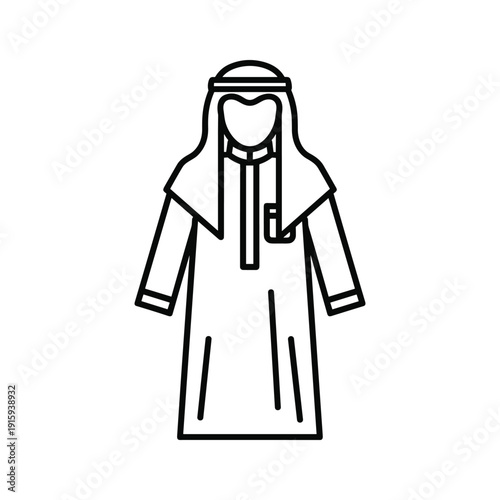 Simple line drawing of a man wearing a thawb and headscarf