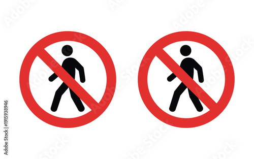 Signs vector icons indicating no walking allowed on streets or roads