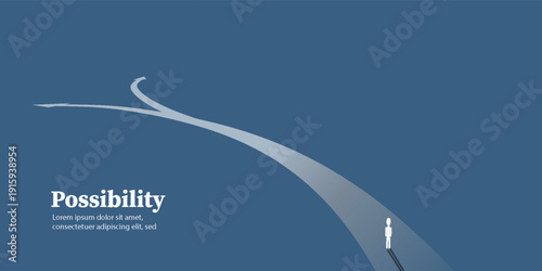 A person stands at a fork in a glowing path, symbolizing a choice, new direction, or future possibility on a dark blue background.