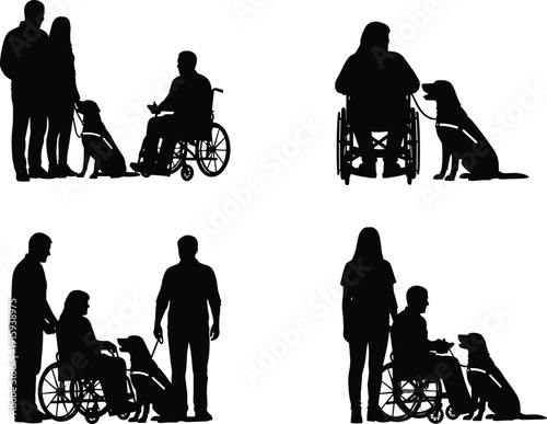 Silhouette Set of Disabled People with Service Dogs and Caregivers in Assistance and Support Concept Illustration