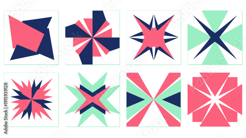 Abstract Geometric Shapes Collage, Vibrant Pink, Teal, Navy Blue Color Palette
