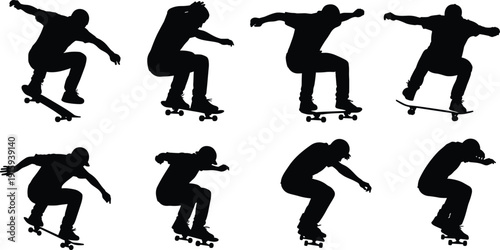 Skateboarder Silhouette Set Performing Tricks and Jumps Extreme Sport Action Vector Collection