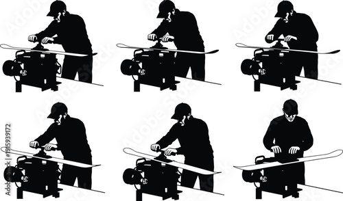 Ski Technician Sharpening and Waxing Skis Silhouette Set with Workshop Equipment Vector Illustration