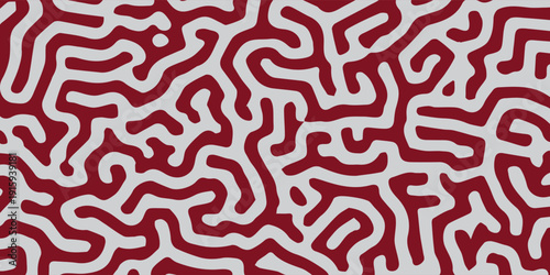 Abstract red and white labyrinth pattern intricate maze-like design organic flowing lines complex texture background modern artistic illustration.