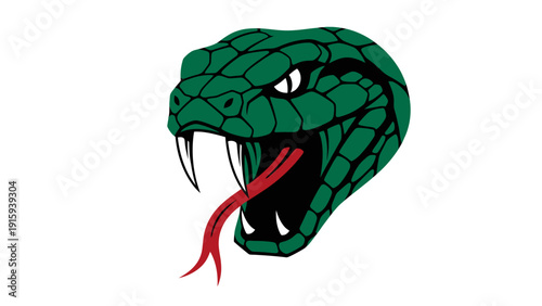 Aggressive Green Snake Head with Forked Tongue and Fangs