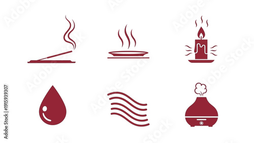Aromatherapy and Relaxation Icons: Incense, Candle, Diffuser, Essential Oil, Steam