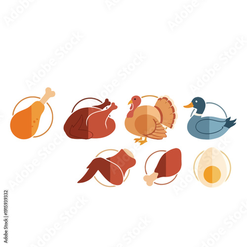 Assorted Cooked Poultry and Egg Icons: Chicken, Turkey, Duck, Wing, Drumstick, Egg