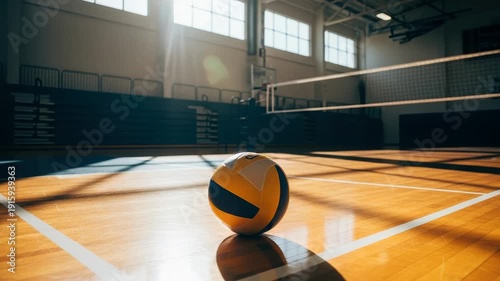 Volleyball Resting On Wooden Court Floor With Net In Background In School Gym Setting Sunlight Streams Creating Shadows Image For Sport Competition Fitness Concepts
