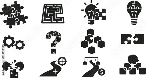 Puzzle and business concept icons including lightbulb maze and gears Keywords: puzzle piece icon, lightbulb, maze, gears, question mark, honeycomb