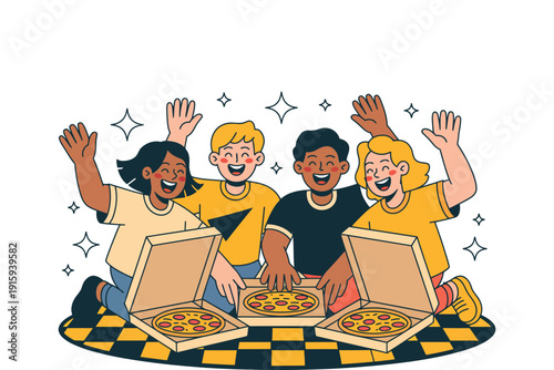 Pizza party with happy friends enjoying food and company together