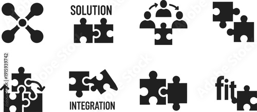 Puzzle piece icons representing connection teamwork and solutions Keywords: puzzle piece icon, jigsaw puzzle, connection, teamwork, solution