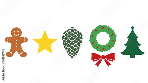 Christmas Icons: Gingerbread Man, Star, Pinecone, Wreath, Tree, Bow
