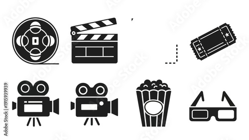 Cinema Icons: Film Reel, Clapperboard, Ticket, Camera, Popcorn, 3D Glasses