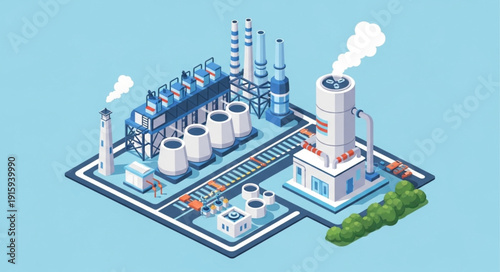 Isometric Industrial Factory Complex with Smokestacks.