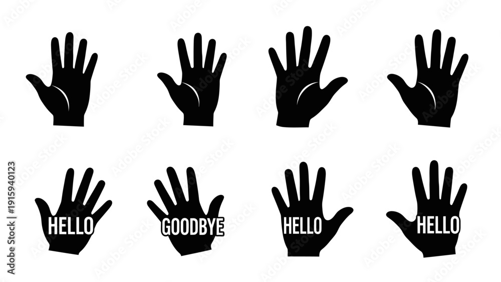 Obraz premium Collection of Black Hand Silhouettes with Hello and Goodbye Messages