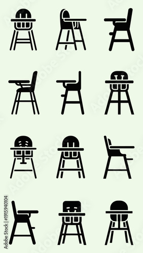 Collection of Black High Chair Icons on Light Green Background