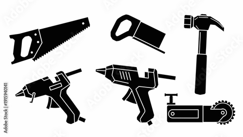 Collection of Black Silhouettes of Various Tools on White Background