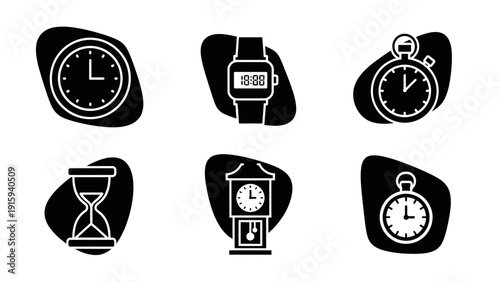 Collection of Vintage and Modern Timekeeping Icons: Clocks, Watches, Hourglass, Stopwatch