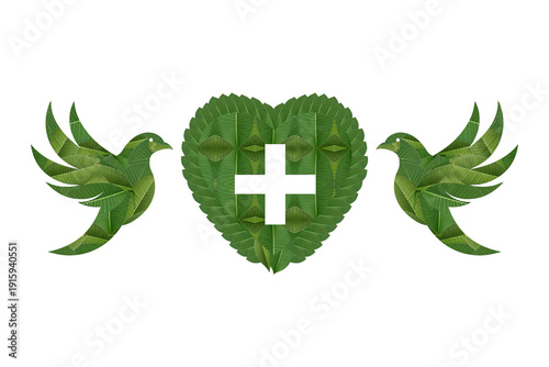 Green Healthcare Partnership Concept with Leaf Heart and Flying Birds Isolated on Transparent Background.