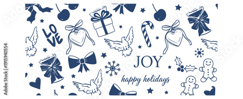 Christmas Joy Happy Holidays Icons Set, Xmas Gift Present Hand Drawn Clipart, Winter Festive Decoration Vector Art, Candy Cane Snowflake Sketch Design, Holiday Season Doodle Collection, Santa Dove Rib