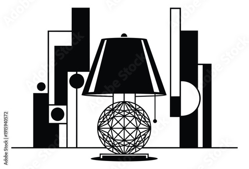 Abstract line art illustration of a table lamp depicting geometric design surrounded by abstract forms for modern interior decor